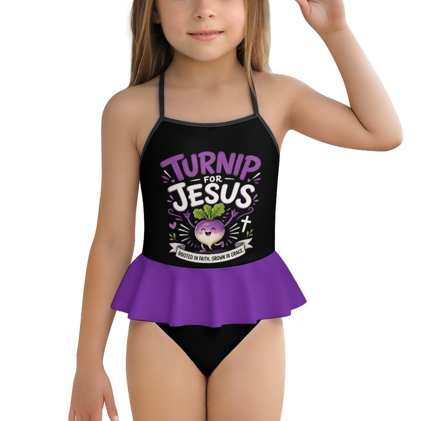 Turnip For Jesus Kids One‑Piece Ruffle Strap Christian Swimsuit