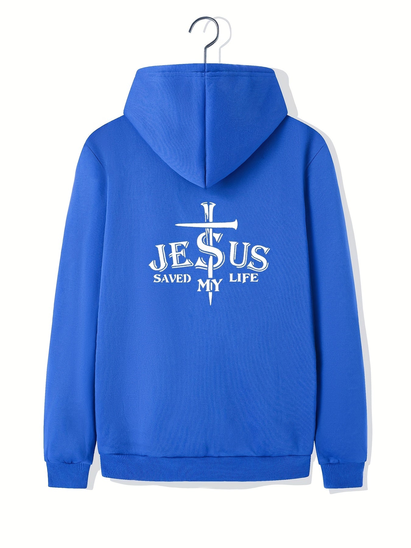 ''JESUS SAVED MY LIFE'' Cross Print Men's Zip-Up Fleece Hooded Jacket, Casual Loose Hoodie For Sports, Running claimedbygoddesigns