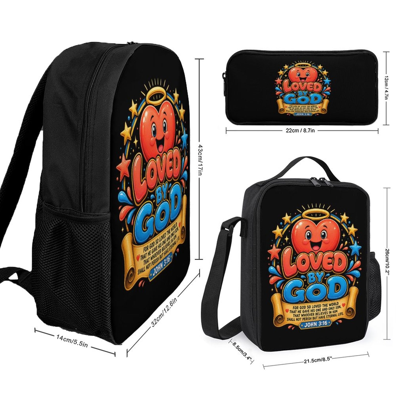 Loved By God Christian 3 PCS Bag Set (Backpack, Lunch Bag and Pencil Case) - ClaimedbyGodDesigns