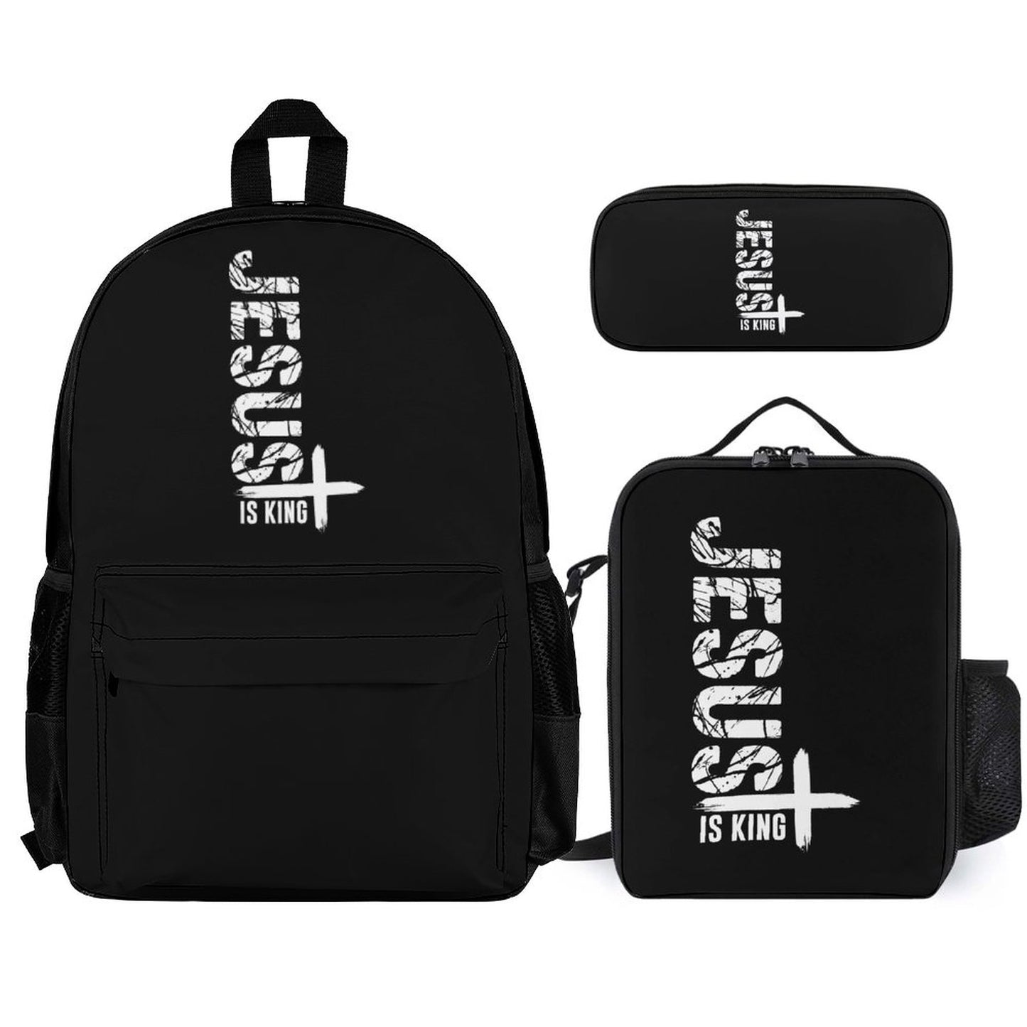 Jesus Is King Christian Backpack Set of 3 Bags (Shoulder Bag Lunch Bag & Pencil Pouch)