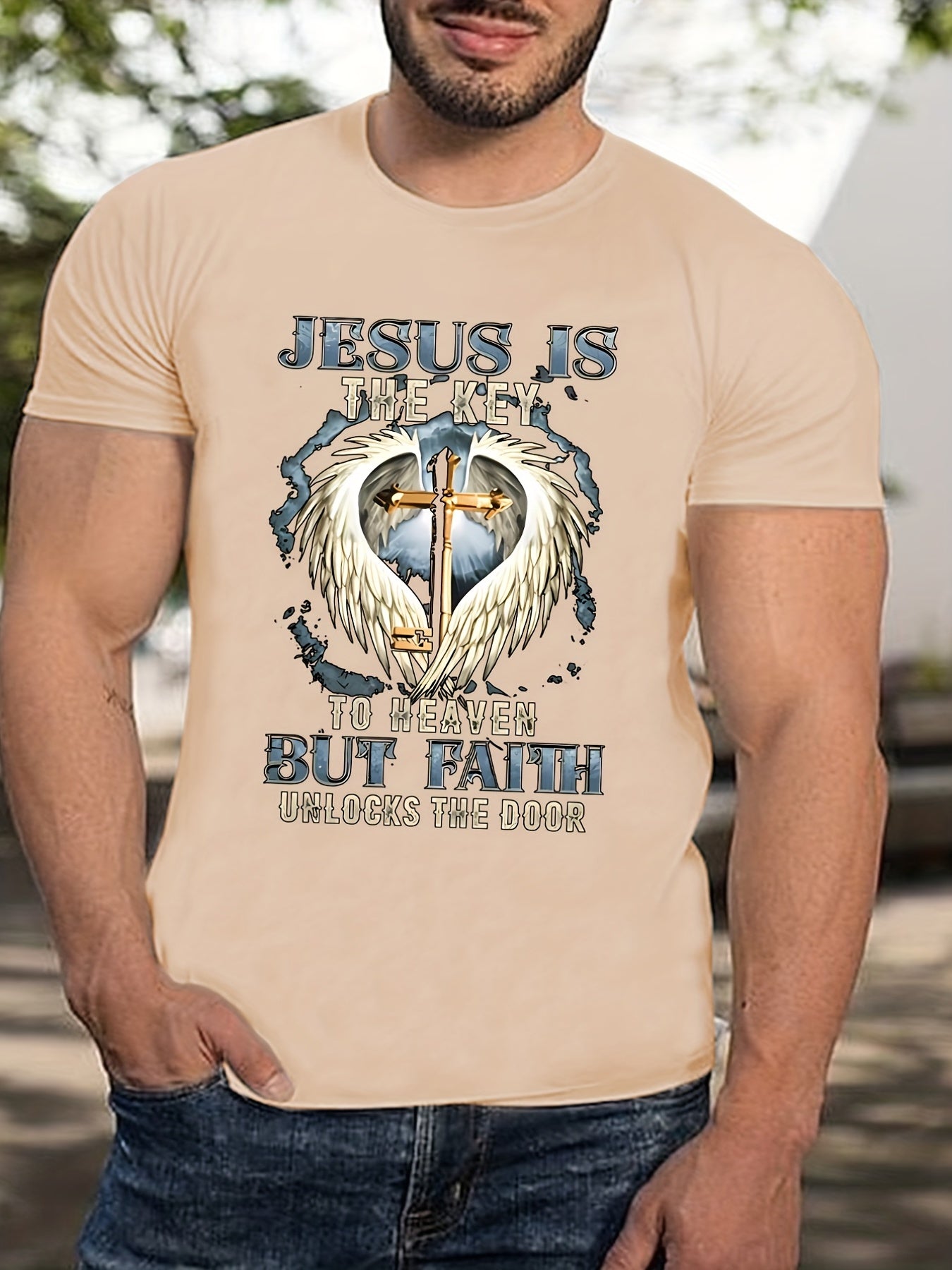 Jesus Is The Key To Heaven But Faith Unlocks The Door Men's Christian T-shirt claimedbygoddesigns