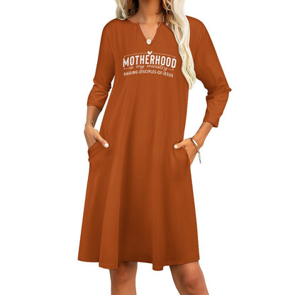 Motherhood Is My Ministry Christian V-neck 3/4 Sleeve Dress with Pockets