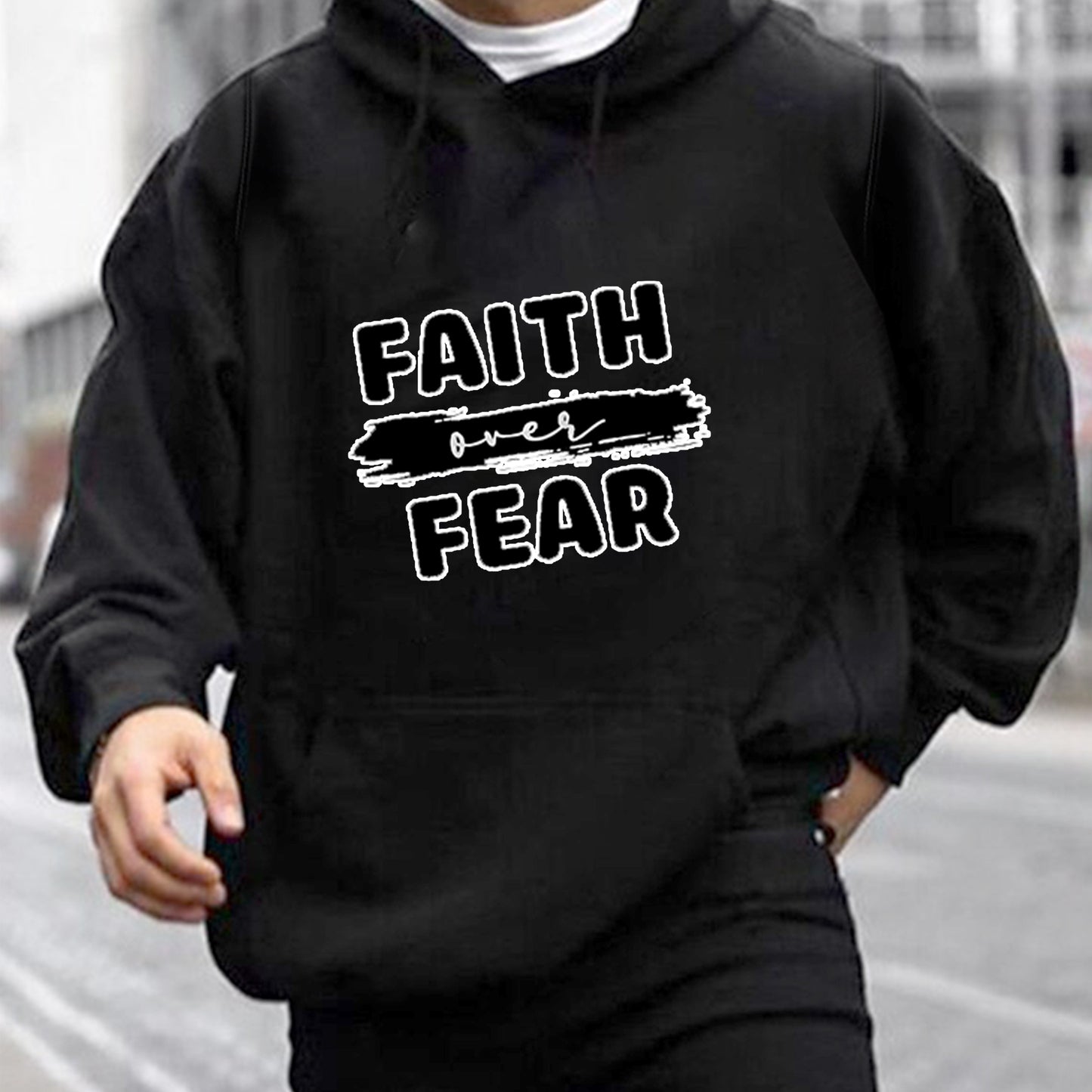 FAITH OVER FEAR Men's Christian Pullover Hooded Sweatshirt claimedbygoddesigns