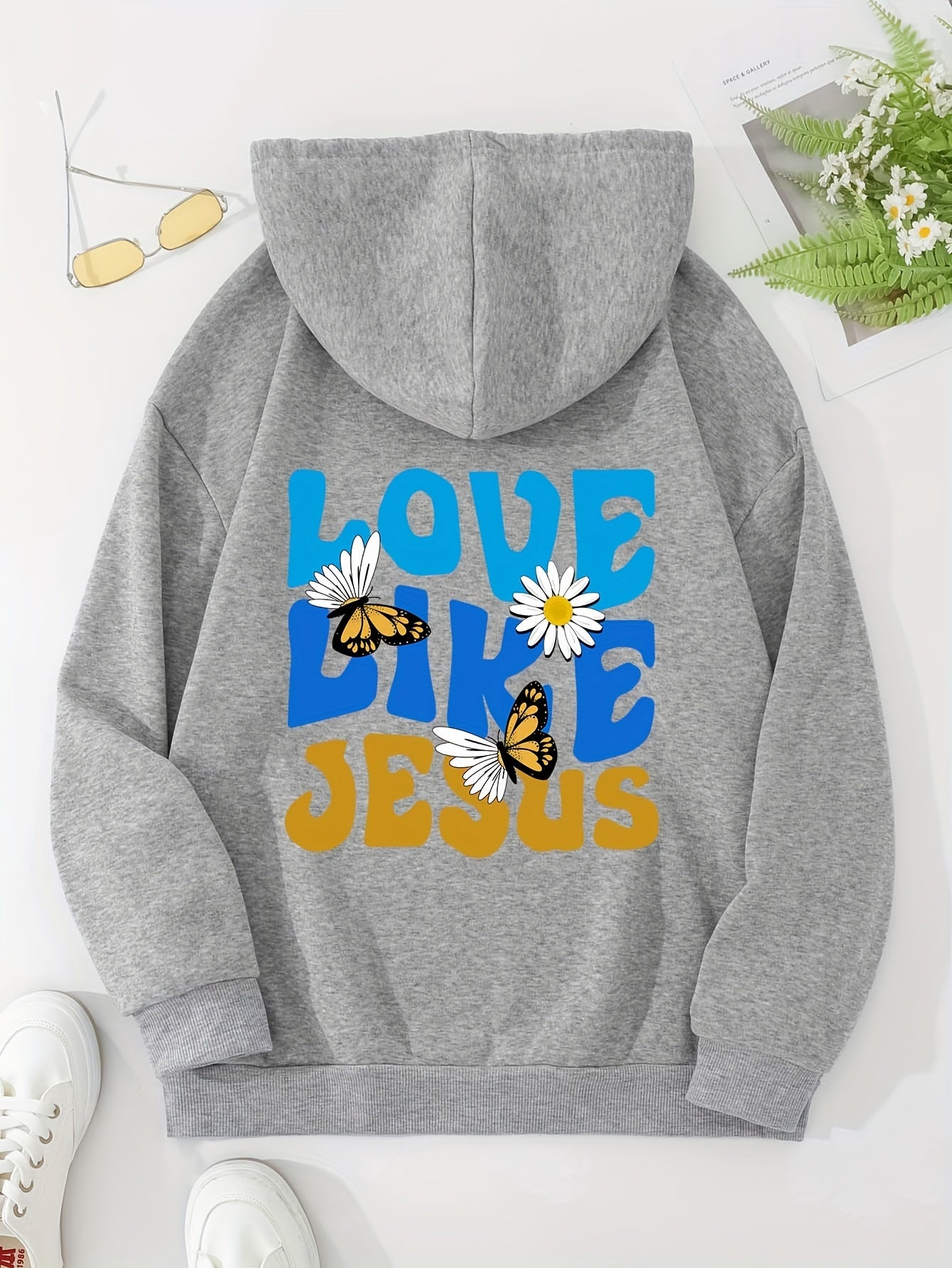 Love Like Jesus (butterfly sunflower) Women's Christian Pullover Hooded Sweatshirt claimedbygoddesigns