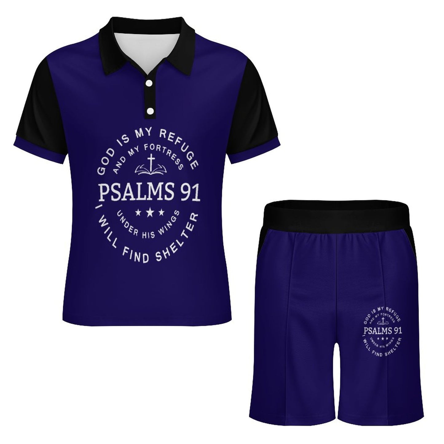 Psalms 91 God Is My Refuge Men's Christian Casual Outfit POLO Shirt Set