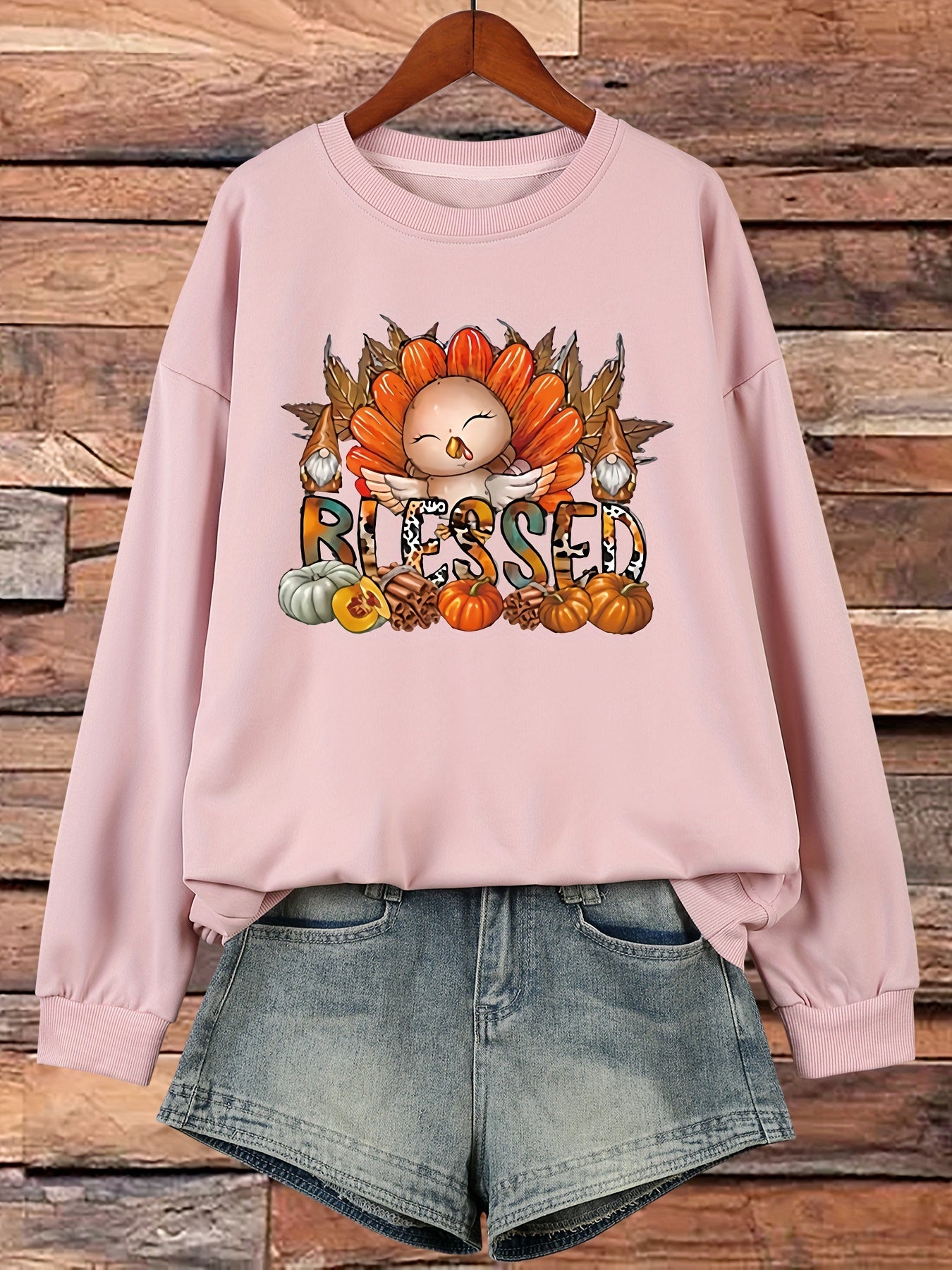 Blessed (Thanksgiving Themed) Plus Size Women's Christian Pullover Sweatshirt claimedbygoddesigns