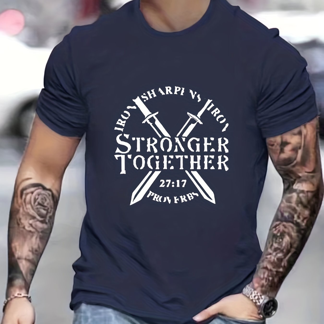 Proverbs 27:17 Iron Sharpens Iron STRONGER TOGETHER Men's Christian T-shirt claimedbygoddesigns