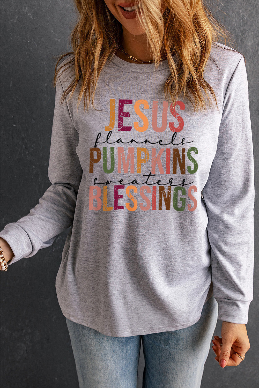 Gray JESUS PUMPKINS BLESSINGS Letter Print Graphic Sweatshirt ClaimedbyGodDesigns