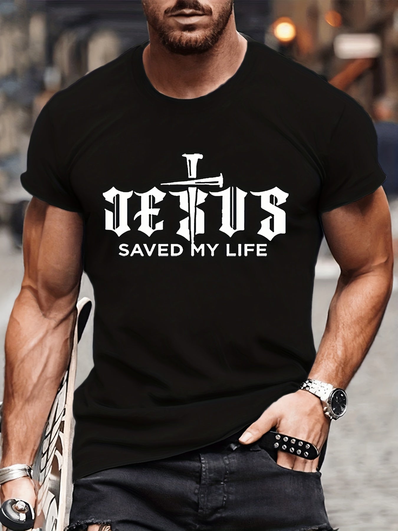 Jesus Saved My Life With The Cross Men's Christian T-shirt claimedbygoddesigns