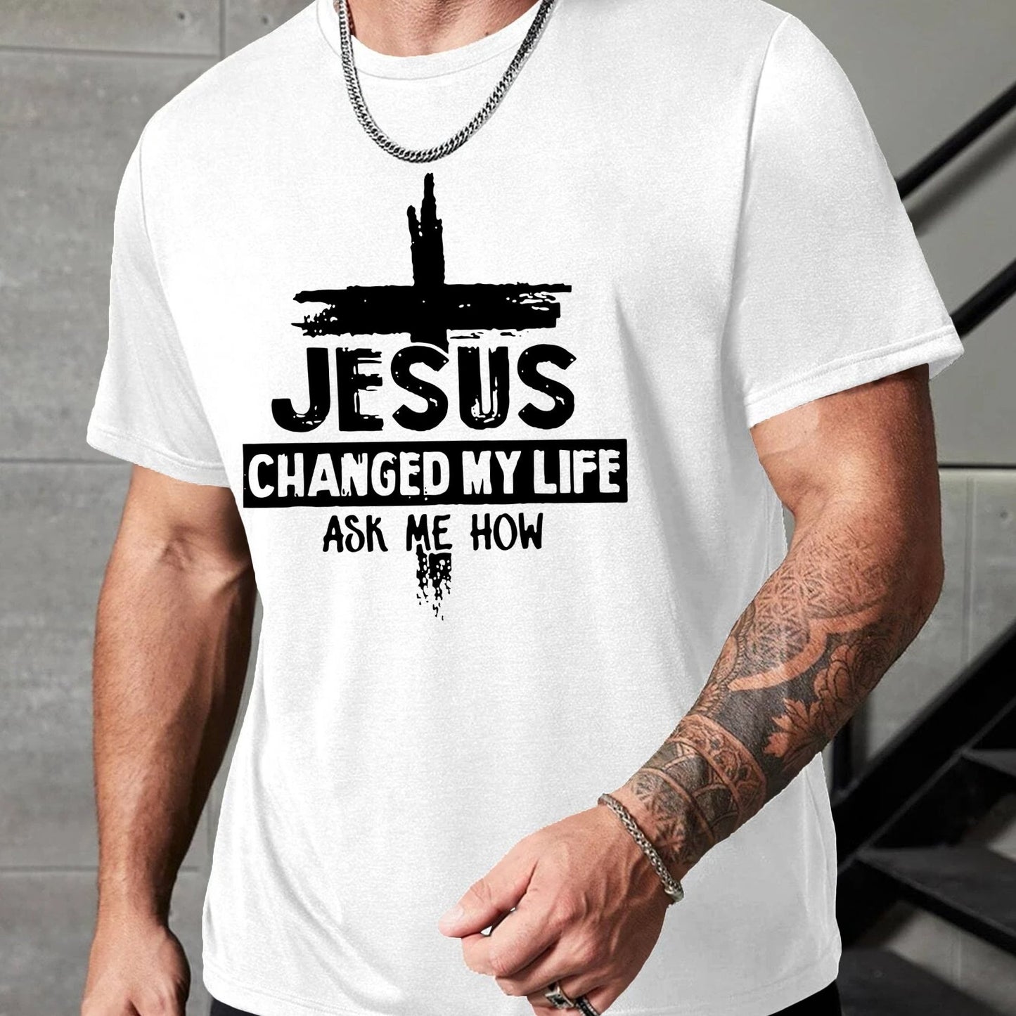 Jesus Changed My Life Ask Me How Plus Size Men's Christian T-shirt claimedbygoddesigns