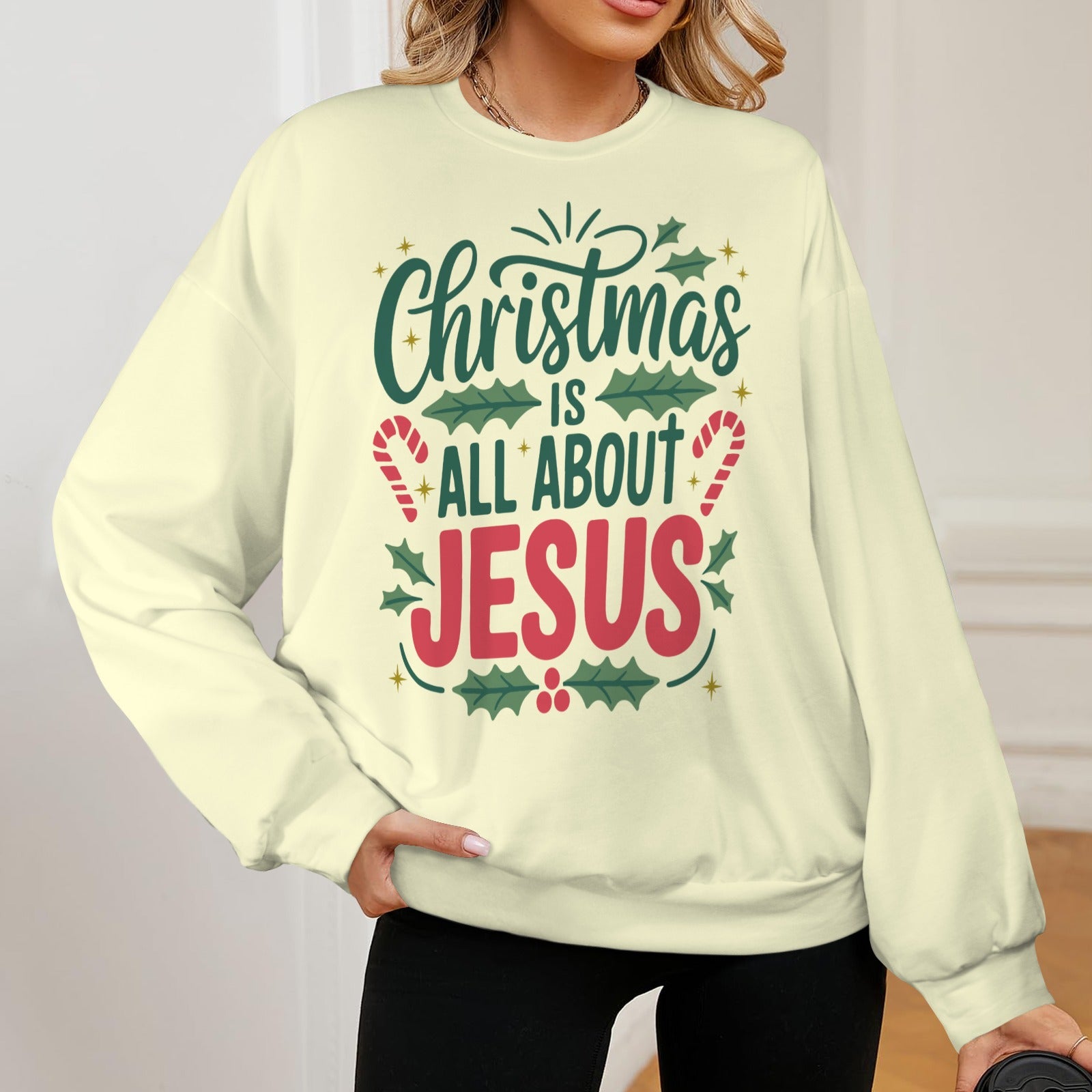 Christmas Is All About Jesus  Women's Christian Oversized Crew Neck Pullover Sweatshirt