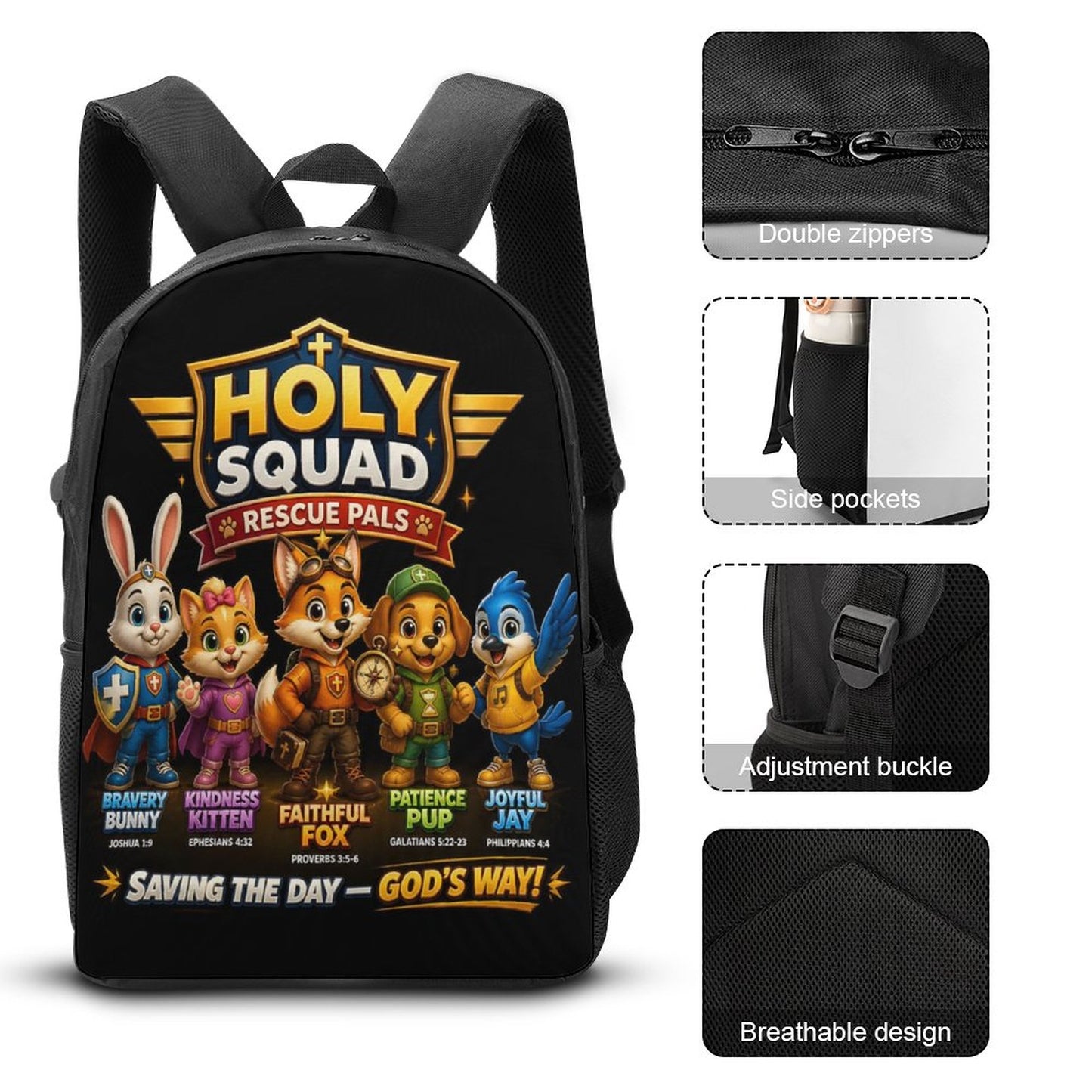 Holy Squad Rescue Pals Christian 3 PCS Bag Set (Backpack, Lunch Bag and Pencil Case) - ClaimedbyGodDesigns
