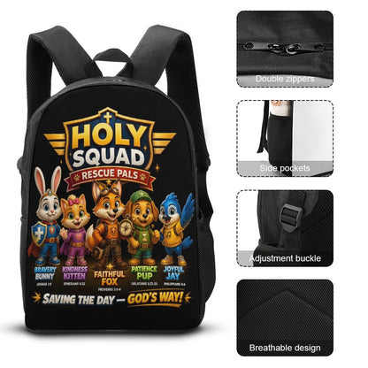 Holy Squad Rescue Pals Christian 3 PCS Bag Set (Backpack, Lunch Bag and Pencil Case) - ClaimedbyGodDesigns