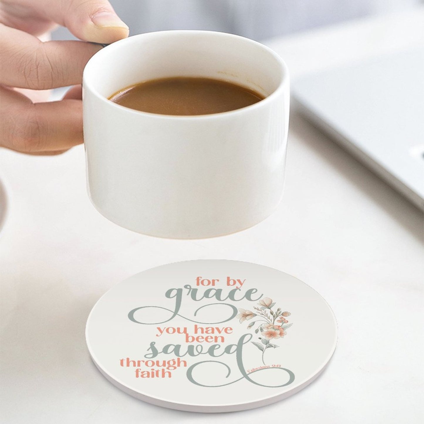 Saved Through Faith Christian Round Ceramic Coaster - ClaimedbyGodDesigns