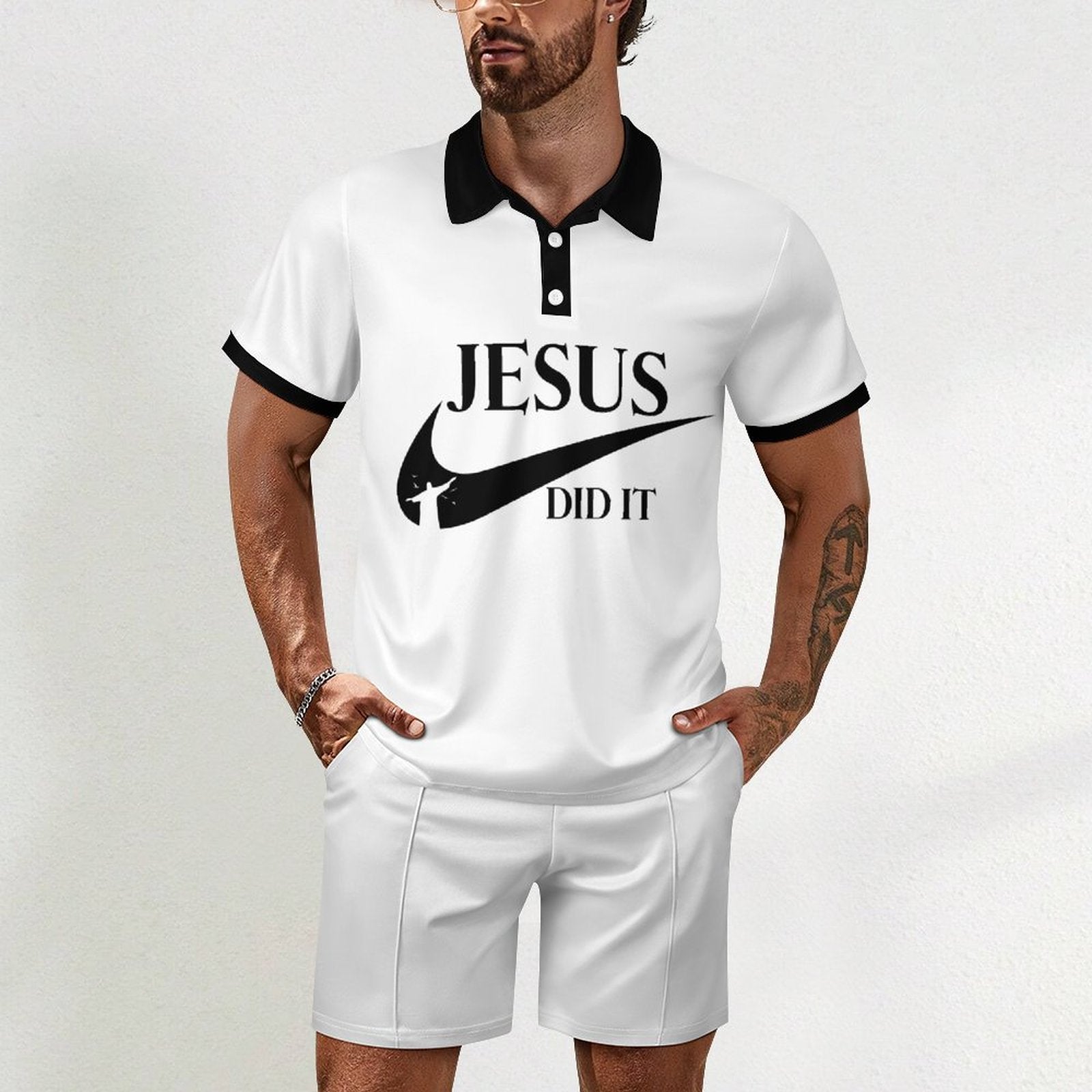 Jesus Did It (Like Nike) Men's Christian Casual Outfit Polo Set SALE-Personal Design