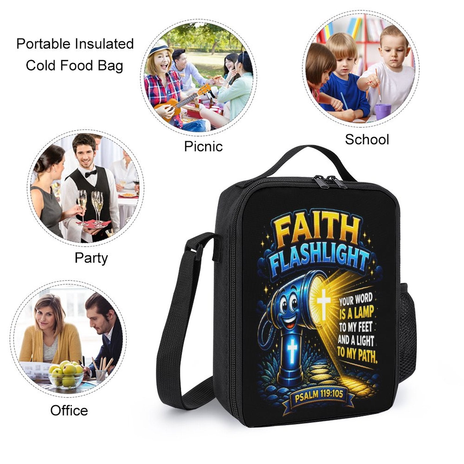Faith Flashlight Christian 3 PCS Bag Set (Backpack, Lunch Bag and Pencil Case) - ClaimedbyGodDesigns