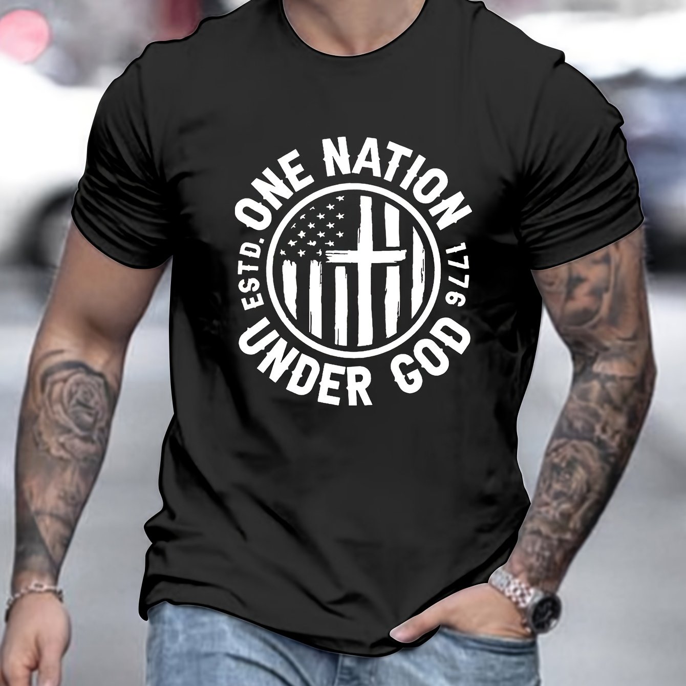 One Nation Under God Patriotic American Flag Men's Christian T-shirt claimedbygoddesigns