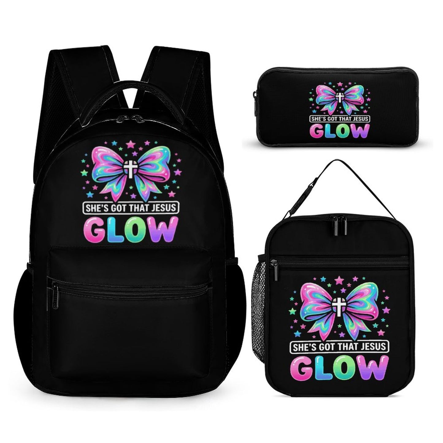 She's Got That Jesus Glow Christian 3 Pcs School Backpack Set for Kids (Backpack, Kid's Insulated Lunch Bag & Pencil Case Organizer)