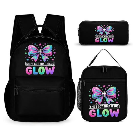 She's Got That Jesus Glow Christian 3 Pcs School Backpack Set for Kids (Backpack, Kid's Insulated Lunch Bag & Pencil Case Organizer)