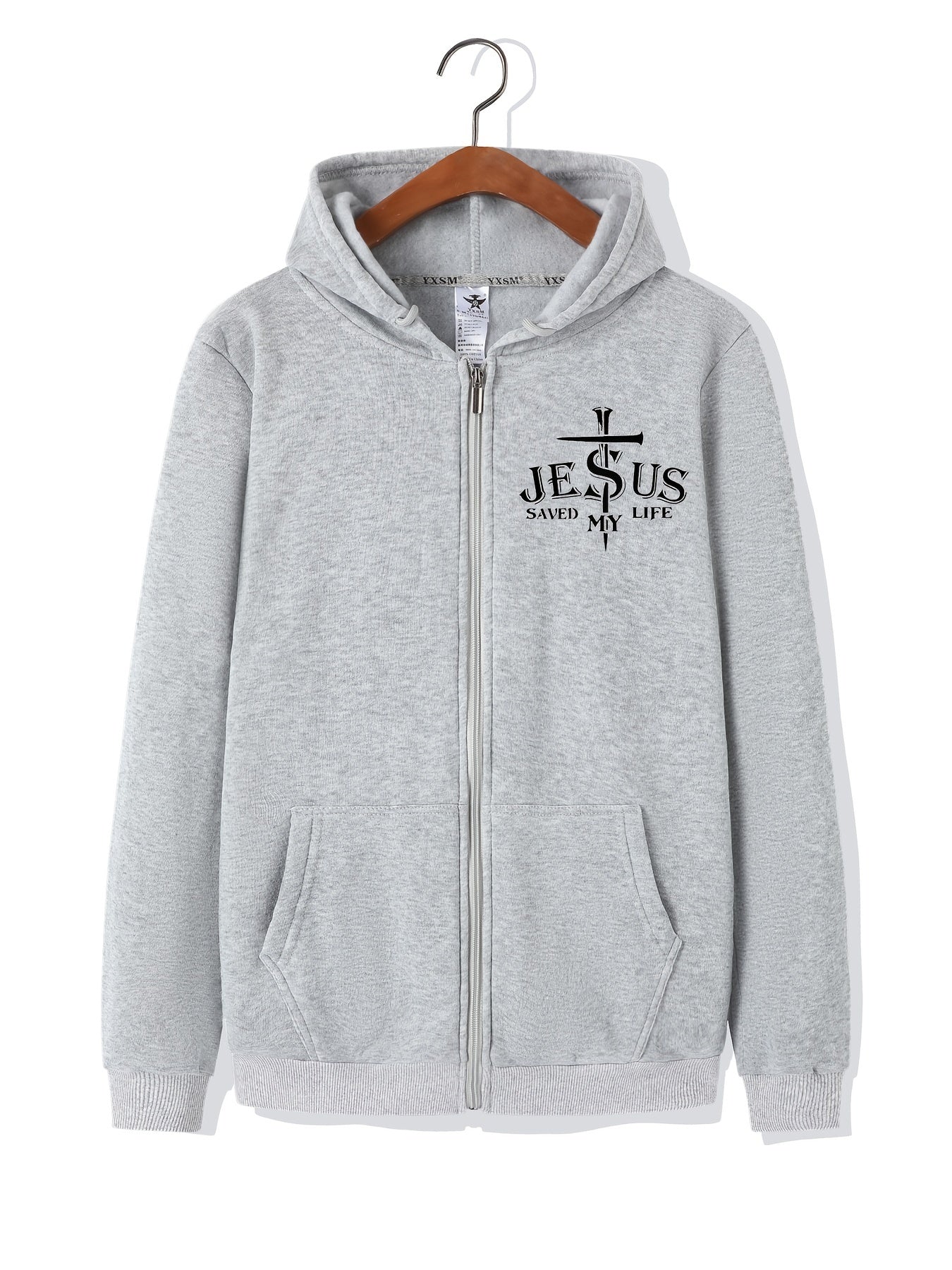 ''JESUS SAVED MY LIFE'' Cross Print Men's Zip-Up Fleece Hooded Jacket, Casual Loose Hoodie For Sports, Running claimedbygoddesigns