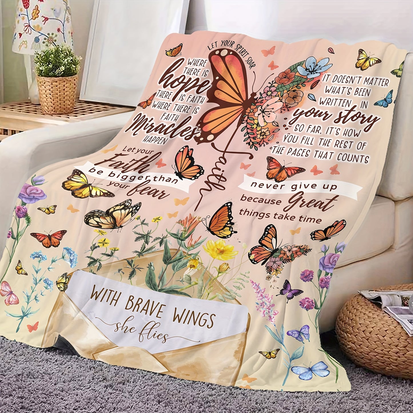 With Brave Wings She Flies Christian Flannel Blanket claimedbygoddesigns