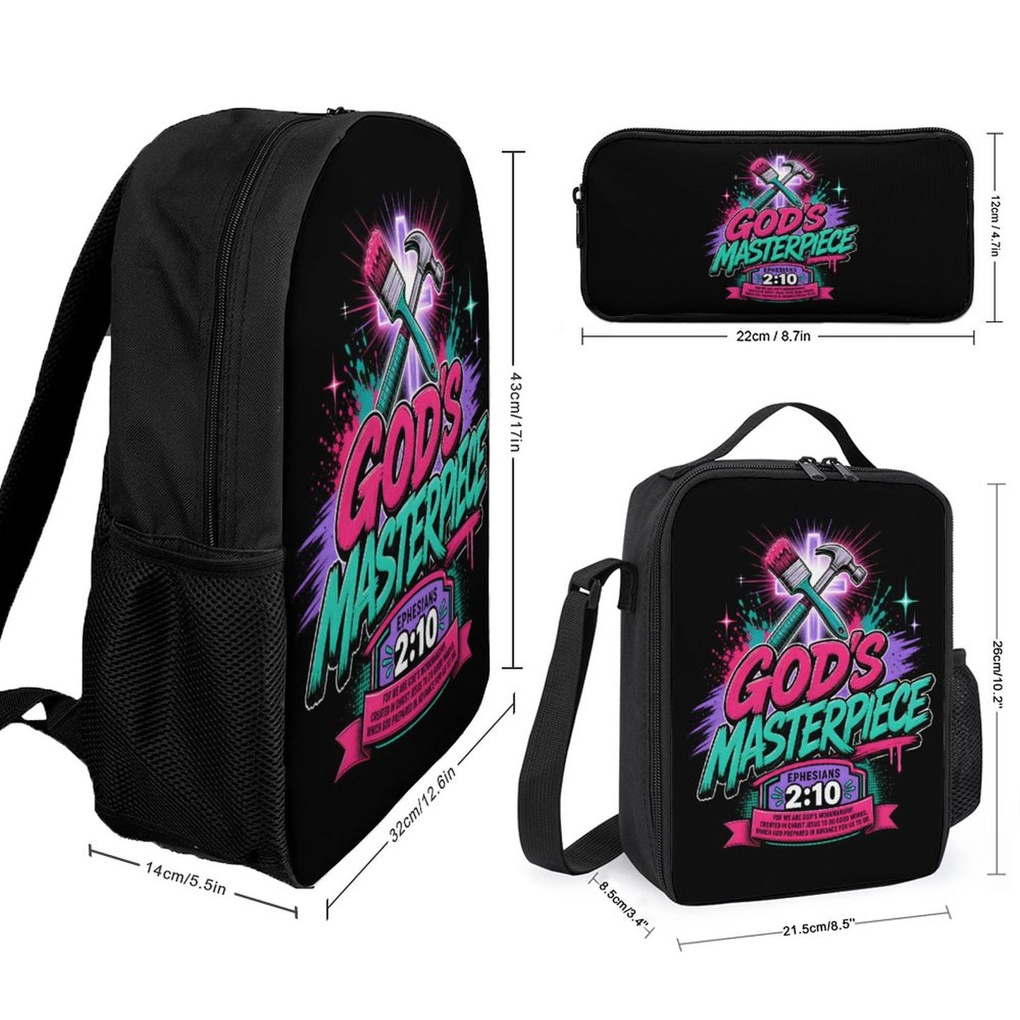 God's Masterpiece Christian 3 PCS Bag Set (Backpack, Lunch Bag and Pencil Case) - ClaimedbyGodDesigns