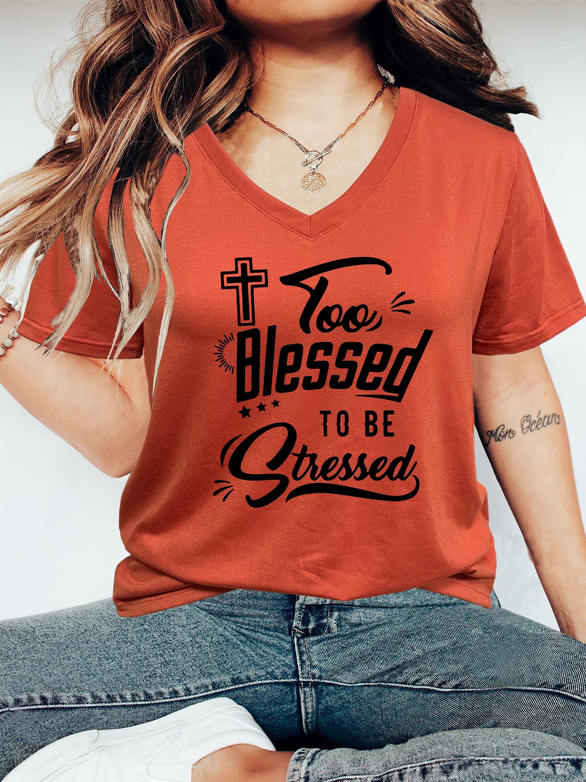 Too Blessed To Be Stressed Plus Size V Neck Women's Christian T-shirt claimedbygoddesigns