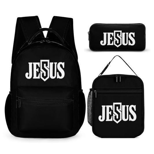 Jesus 3 Pcs School Christian Backpack Set for Kids (Backpack, Kid's Insulated Lunch Bag & Pencil Case Organizer)