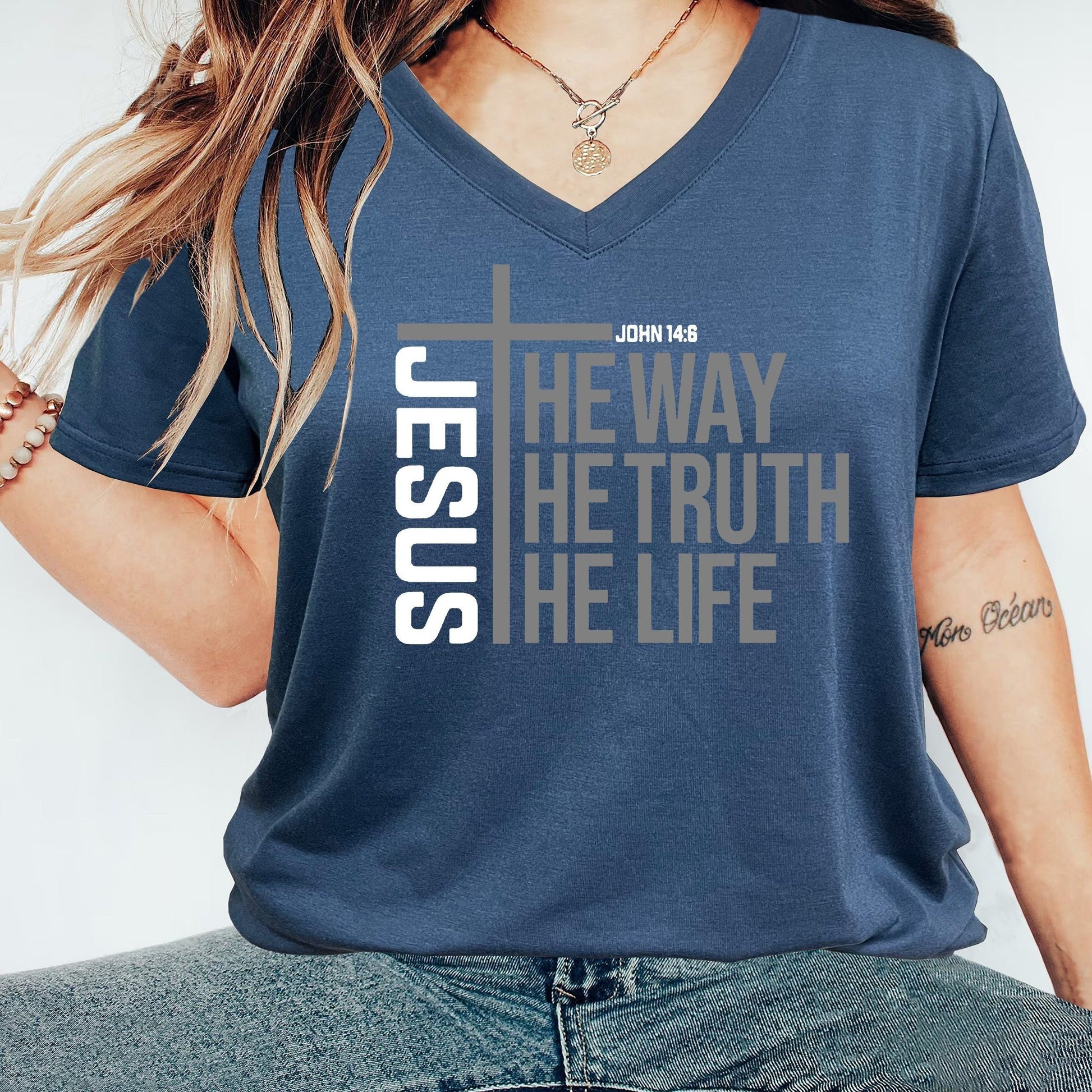 Jesus The Way, The Truth, The Life Women's Christian V Neck T-Shirt claimedbygoddesigns