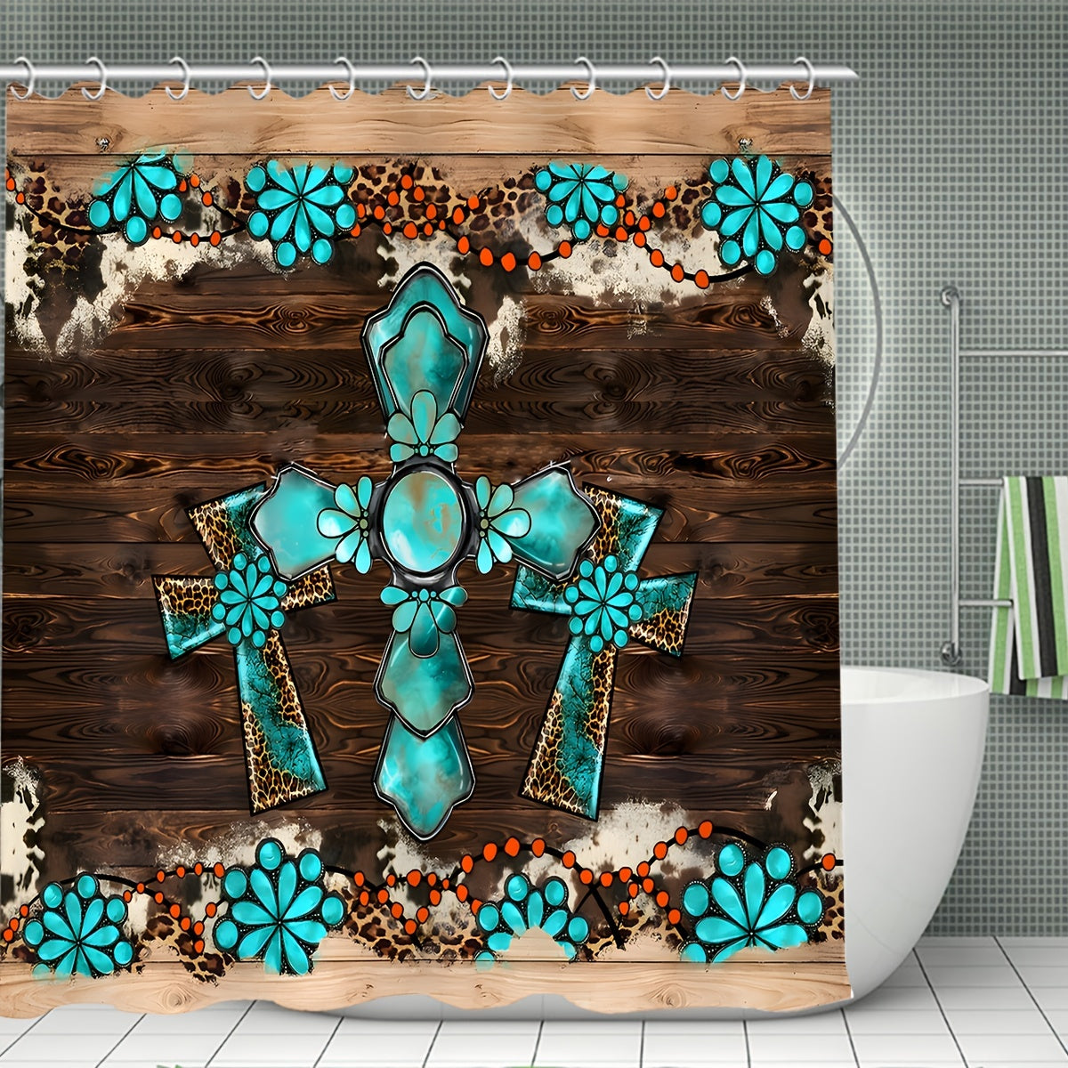 Crucifix Christian Shower Curtain or Set With 12 Hooks, Non-Slip Bathroom Rug, Toilet U-Shape Mat, Toilet Lid Cover Pad claimedbygoddesigns