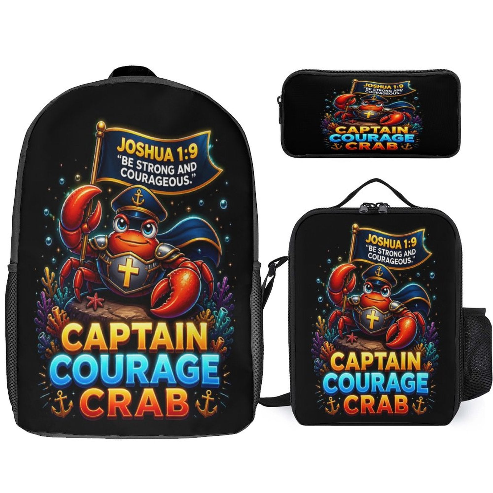 Captain Courage Crab Christian 3 PCS Bag Set (Backpack, Lunch Bag and Pencil Case) - ClaimedbyGodDesigns