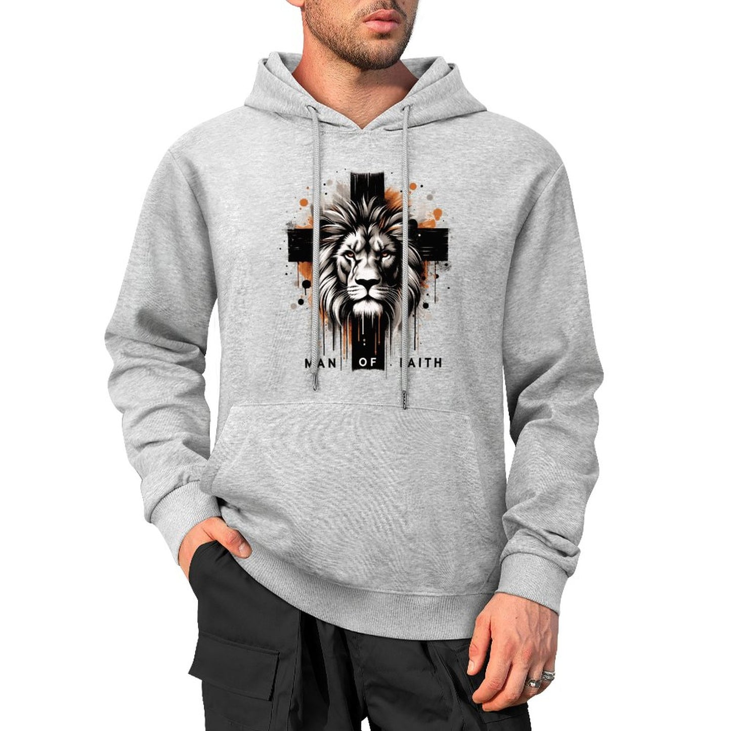 Man of Faith (lion cross) Men's Christian Hooded Pullover Sweatshirt