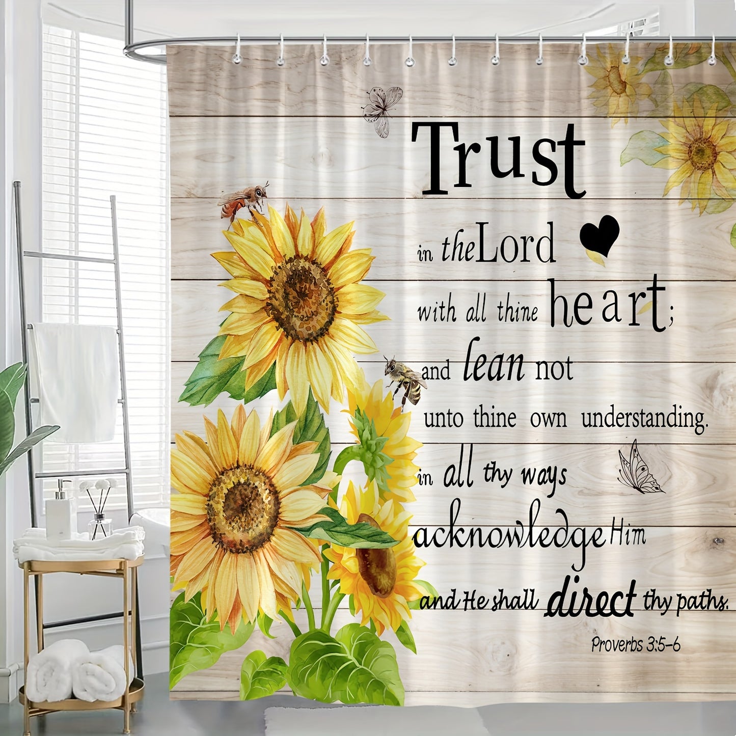1pc Trust In The Lord (Sunflower) Christian Shower Curtain Including Hooks claimedbygoddesigns