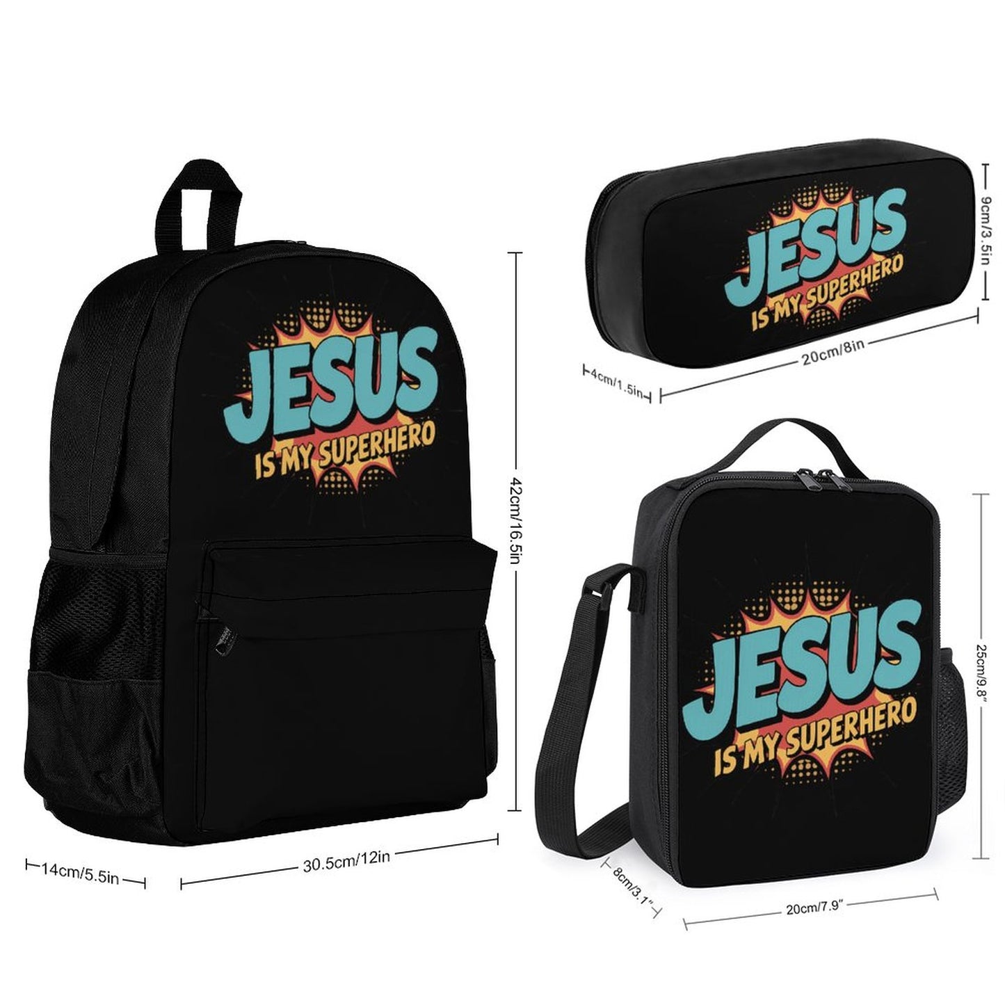 He Is My Superhero Christian Backpack Set of 3 Bags (Shoulder Bag Lunch Bag & Pencil Pouch)