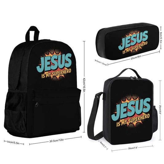 He Is My Superhero Christian Backpack Set of 3 Bags (Shoulder Bag Lunch Bag & Pencil Pouch) - ClaimedbyGodDesigns