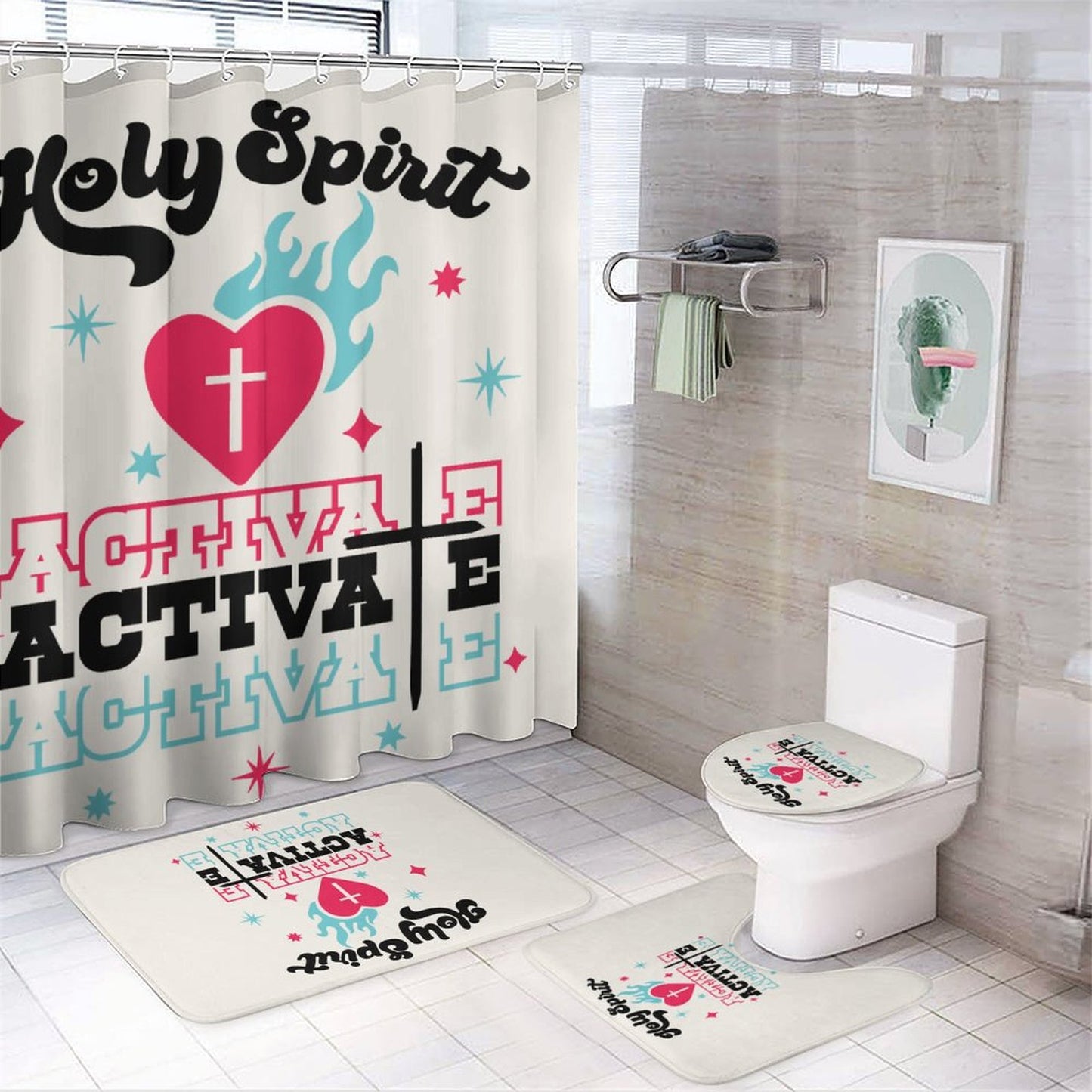 Holy Spirit Activate Shower Curtain Set with a bath rug, a contour rug and a toilet lid cover.