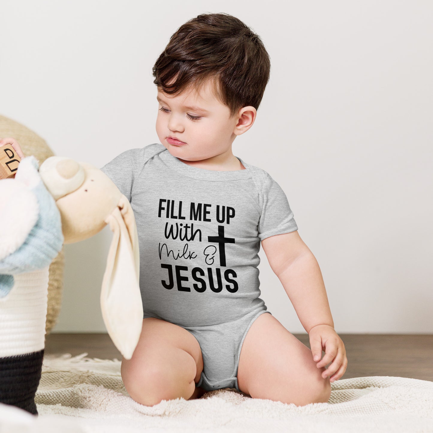 Fill Me Up With Milk And Jesus Christian Baby short sleeve Onesie