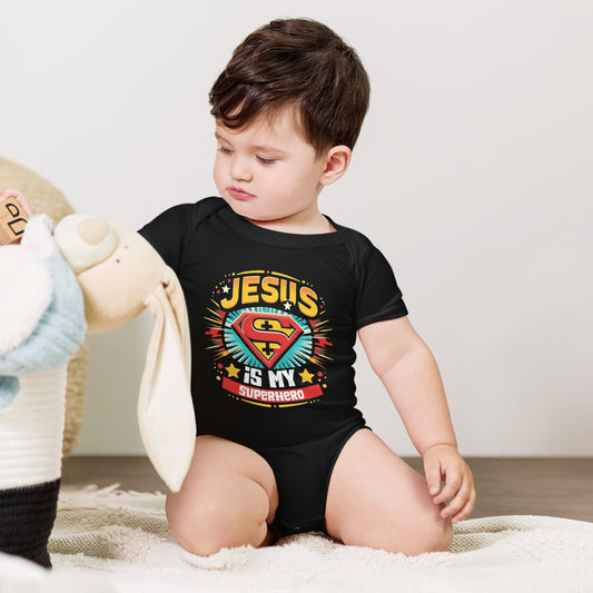 Jesus Is My Superhero Christian Baby short sleeve onesie