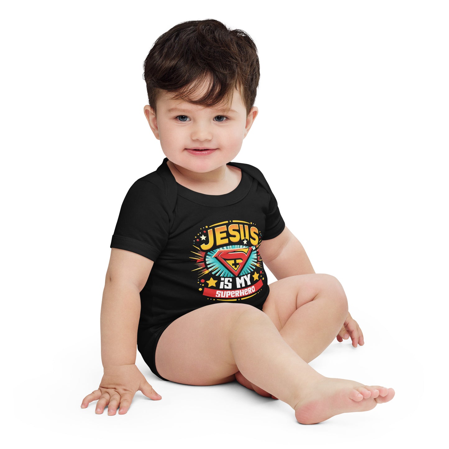 Jesus Is My Superhero Christian Baby short sleeve onesie