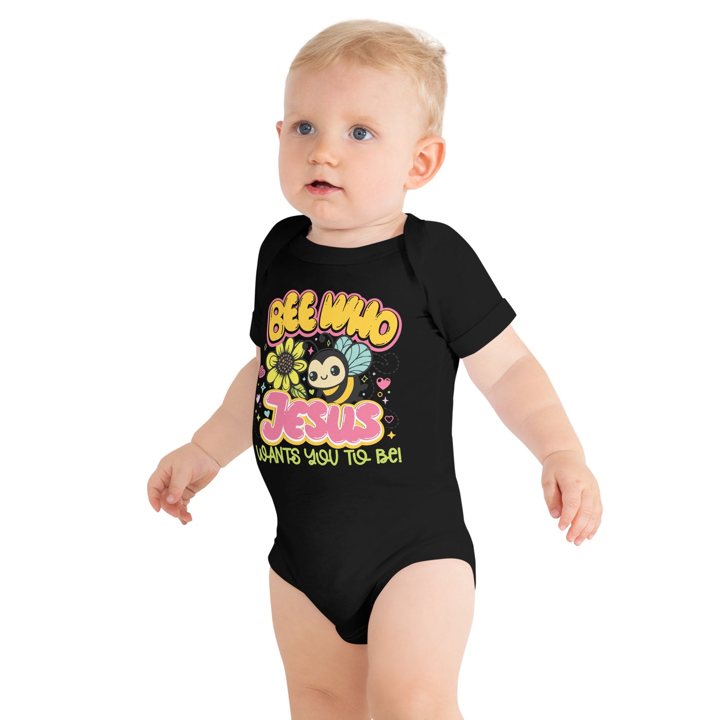 Bee Who Jesus Wants You Too Bee Christian Baby short sleeve onesie