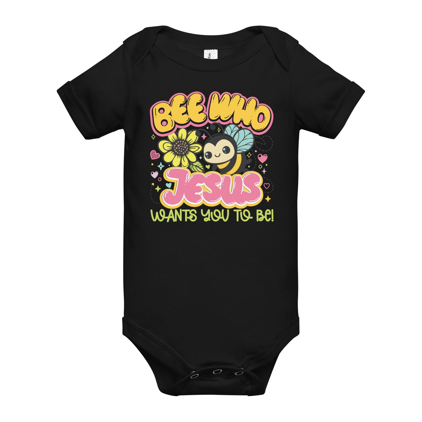 Bee Who Jesus Wants You Too Bee Christian Baby short sleeve onesie