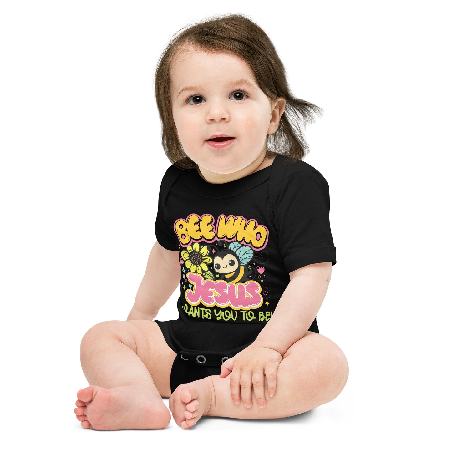 Bee Who Jesus Wants You Too Bee Christian Baby short sleeve onesie