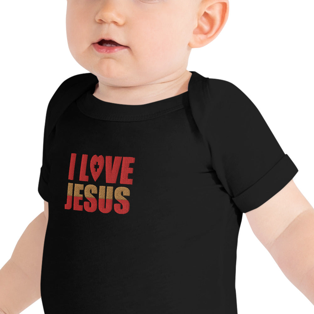 I Love Jesus Embroidered  Christian Baby short sleeve onesie