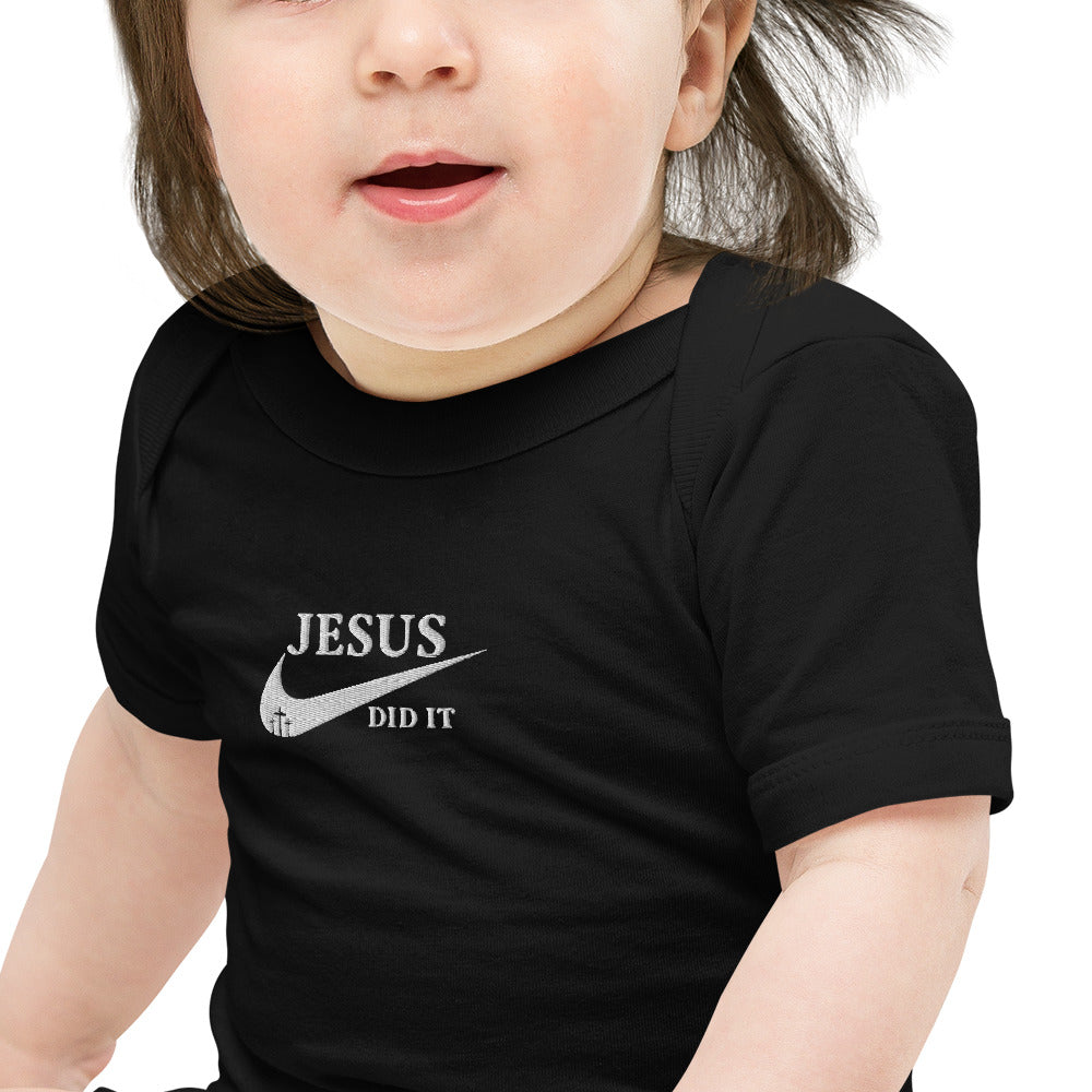 Jesus Did It (like Nike) Embroidered  Christian Baby short sleeve onesie