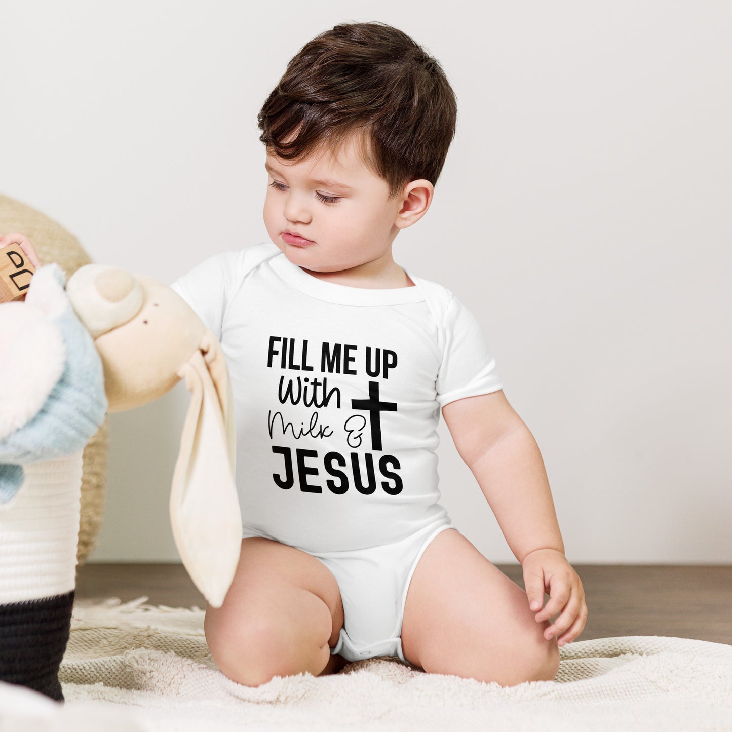 Fill Me Up With Milk And Jesus Christian Baby short sleeve Onesie