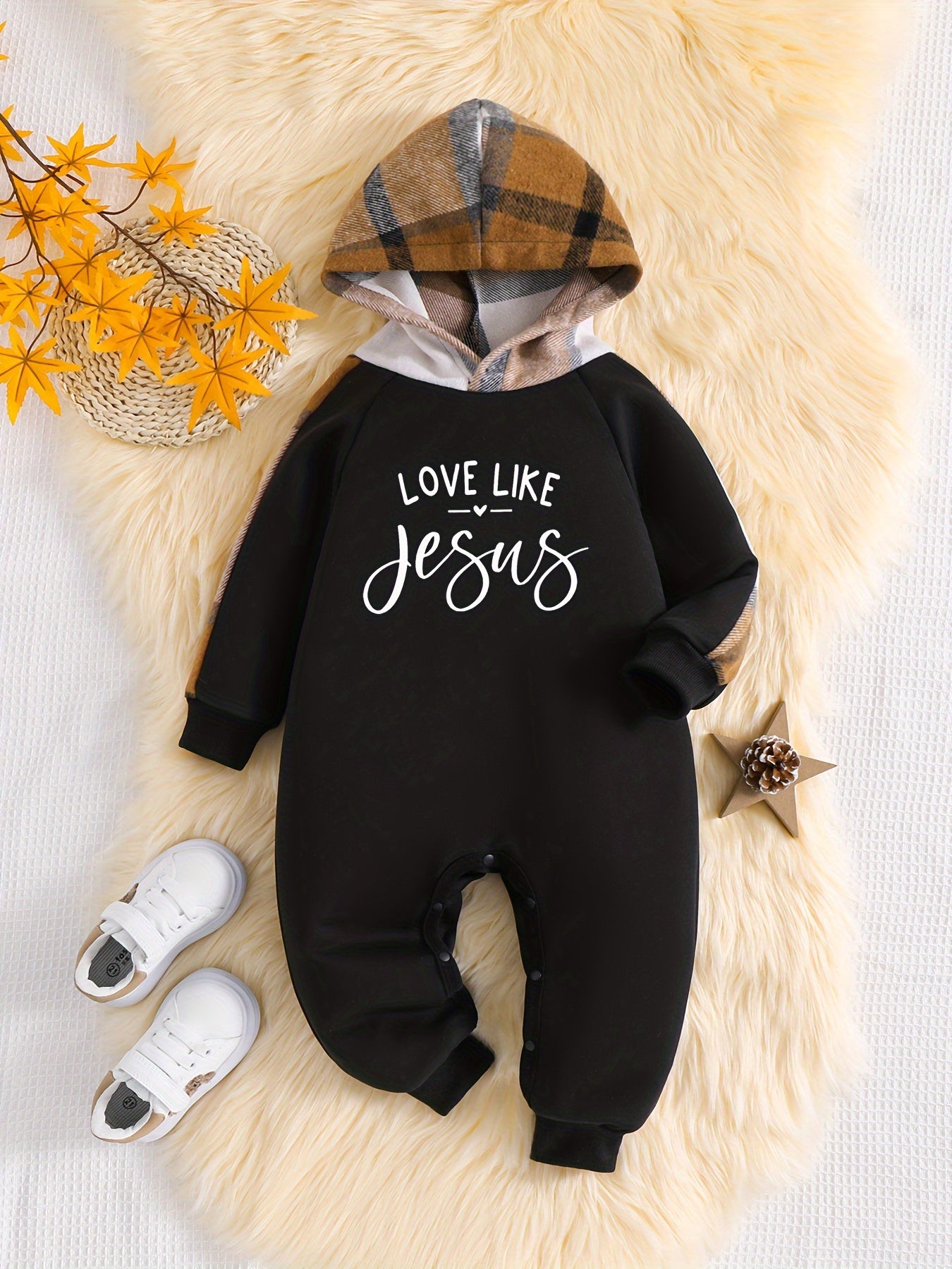 Love Like Jesus Long Sleeve Hooded Christian Baby Onesie claimedbygoddesigns