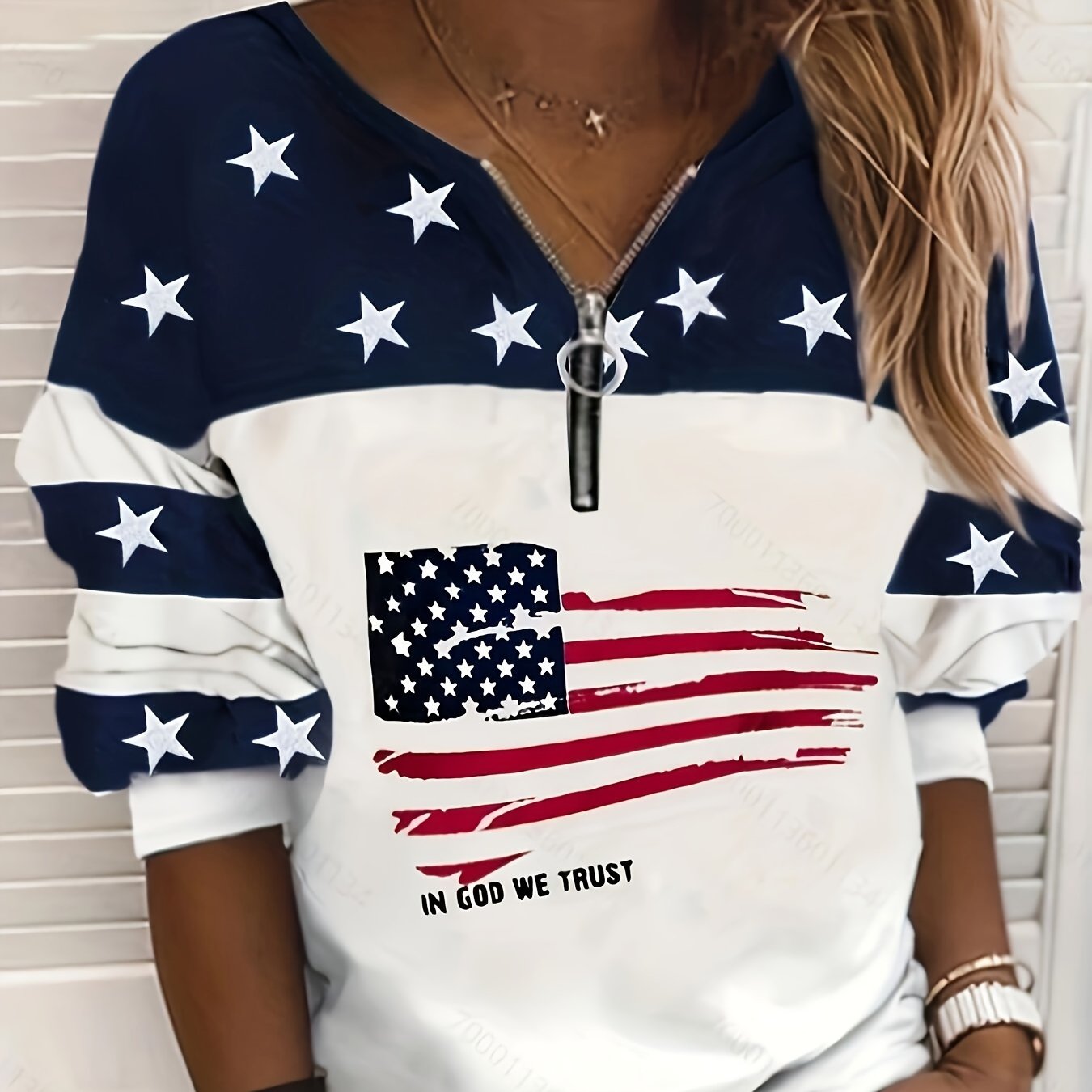 In God We Trust Patriotic American Flag Plus Size Women's Christian Pullover Sweatshirt claimedbygoddesigns