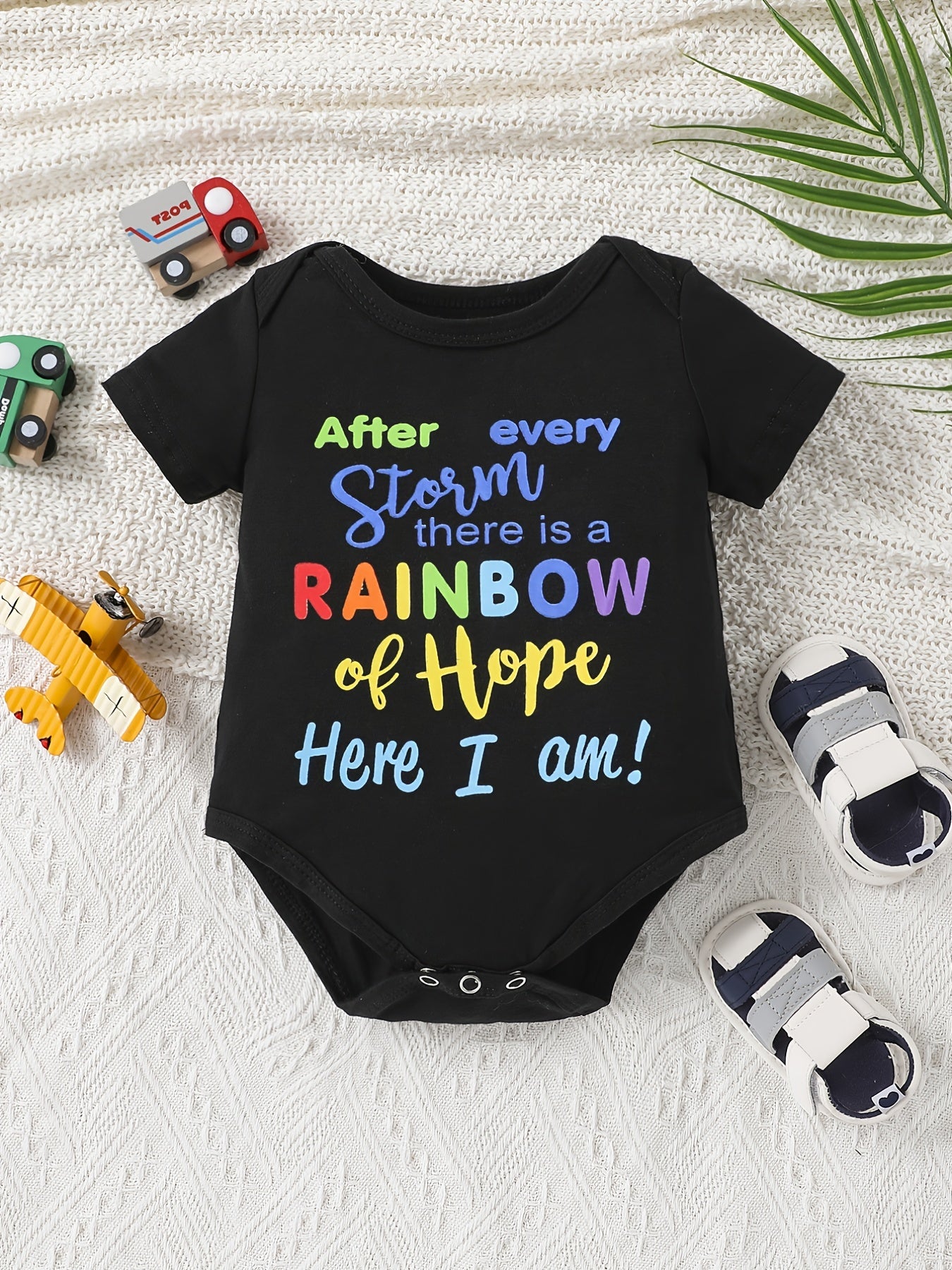 After Every Storm There Is A Rainbow Of Hope Here I Am Christian Baby Onesie claimedbygoddesigns