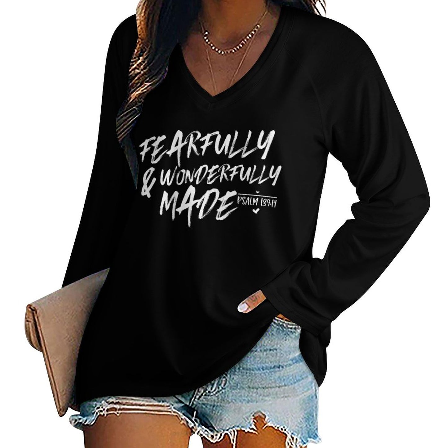 Fearfully And Wonderfully Made Women's Christian V-neck Loose Long Sleeve Pullover Sweatshirt