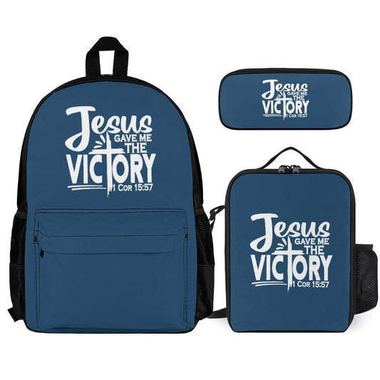 Jesus Gave Me The Victory Christian Backpack Set of 3 Bags (Shoulder Bag Lunch Bag & Pencil Pouch)